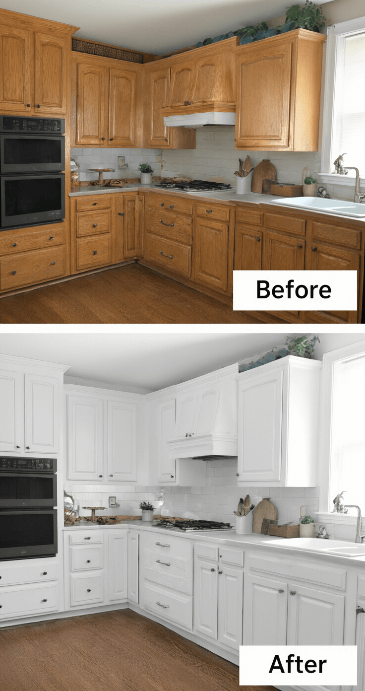 Before/after split shot of a kitchen cabinet transformation; left side features dated oak cabinets, while the right side displays modern white-painted cabinets in Benjamin Moore Simply White, both with matching angles, eye-level view, and styled minimally to highlight details.
