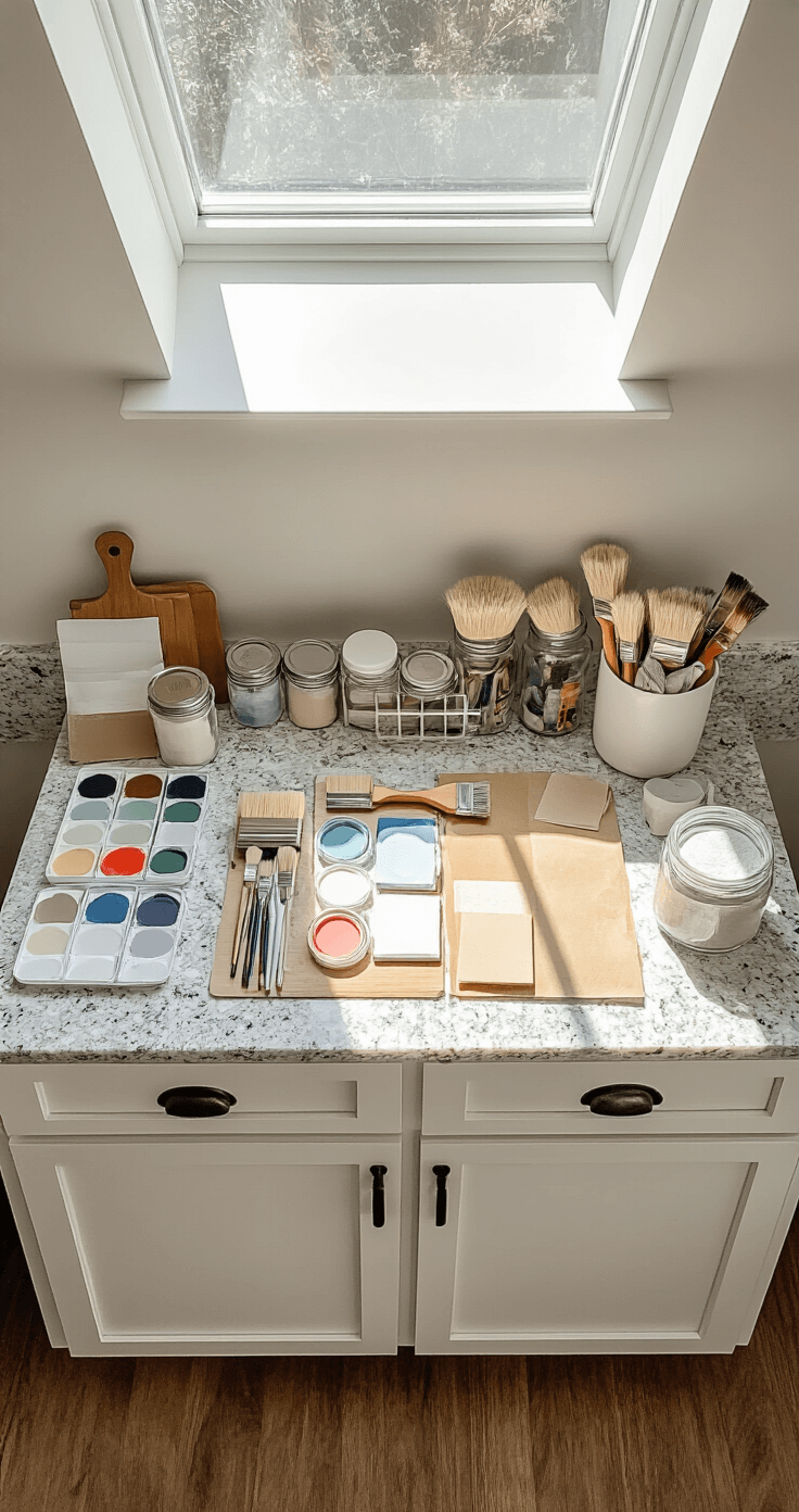 Overhead shot of a neatly organized paint prep station on a protected granite countertop, illuminated by morning light from a skylight. The layout features labeled cabinet doors, glass jars filled with organized hardware, paint samples, brushes, and sandpaper, all arranged for visual clarity, showcasing a warm color palette of whites and grays.