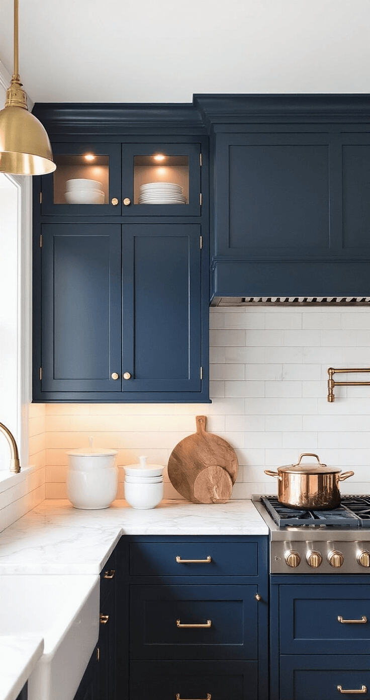 Dramatic evening kitchen scene featuring navy blue cabinets, marble countertops, and ambient undercabinet lighting, showcasing a low-angle view of the cabinets to the ceiling, with brass hardware, white subway tile backsplash, and styled with copper cookware and white ceramics.