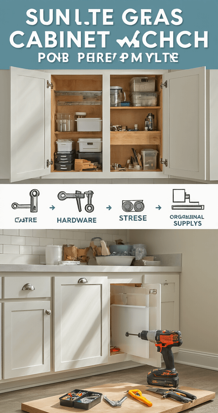Sunlit kitchen corner showing the cabinet door removal process, with labeled doors and hardware organized neatly. Mid-morning light creates soft shadows, and carpenter's tools are arranged professionally in a well-organized workspace, capturing a step-by-step removal sequence.