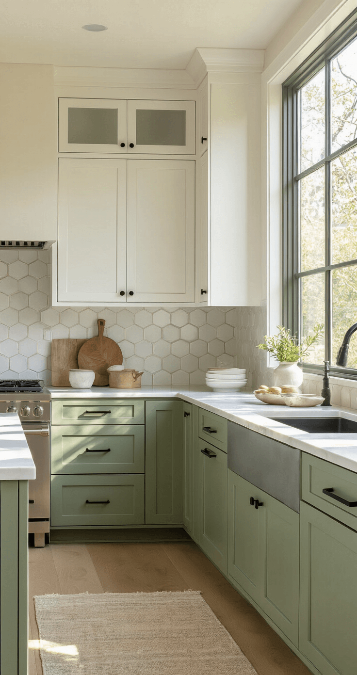 Contemporary kitchen vignette featuring sage green lower cabinets and white upper cabinets, illuminated by golden hour light through large windows, with quartz countertops, matte black hardware, geometric tile backsplash, and minimalist decor.