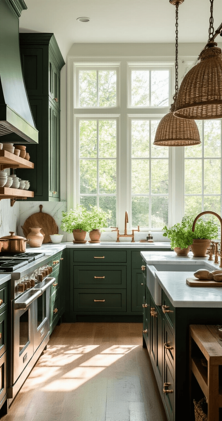 A spacious 12x15ft kitchen illuminated by morning light, featuring dark forest green cabinets with brass hardware, white marble countertops, a center island with waterfall edges, hanging vintage copper pots, natural wood open shelving with artisanal ceramics, and professional-grade stainless appliances, all highlighted by warm under-cabinet lighting and decorated with fresh herbs in terracotta pots, wooden cutting boards, and woven pendant lights.