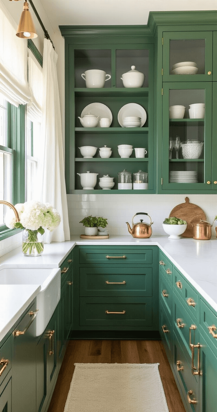 A narrow galley kitchen featuring emerald green cabinetry with antique gold pulls, bright white quartz countertops, open shelving with white pottery, and hardwood floors, all bathed in late afternoon sunlight. The skylight captures the kitchen's length and symmetry, highlighting details like a copper kettle, matching canisters, and a vase of fresh white hydrangeas.