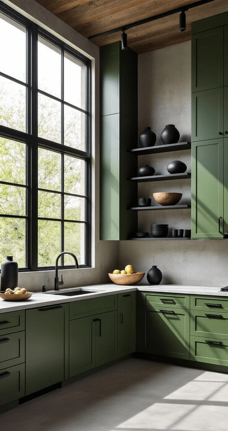 A modern L-shaped kitchen with hunter green cabinets and minimalist black hardware, featuring double-height windows that let in natural light. The space includes concrete countertops, black metal floating shelves, matte black appliances, and geometric decor elements. The image is taken from an elevated position, highlighting the layout and dramatic shadows.