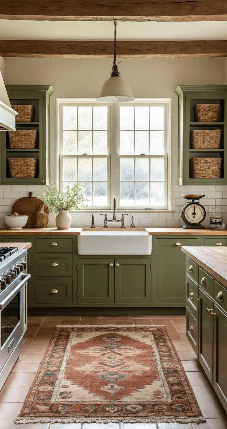 Farmhouse kitchen featuring olive green cabinetry with cream ceramic knobs, a butcher block island, white subway tile backsplash, and early morning light filtering through the window above the farmhouse sink, complemented by a vintage rug and decorative elements like woven baskets and enamelware.