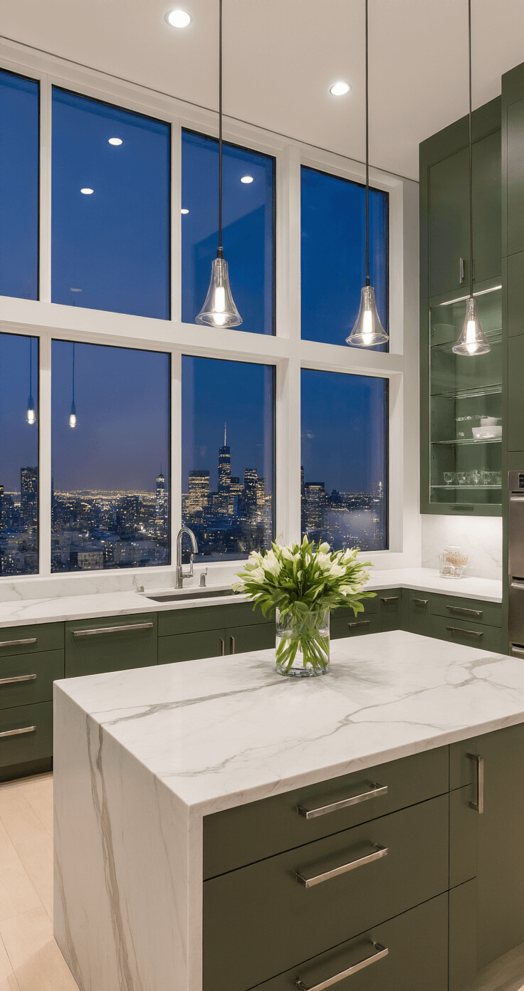 Open-concept kitchen with dark sage green cabinets, chrome pulls, and a white marble island, featuring floor-to-ceiling windows showcasing city views and ambient evening lights, surrounded by minimalist decor and high-end appliances.