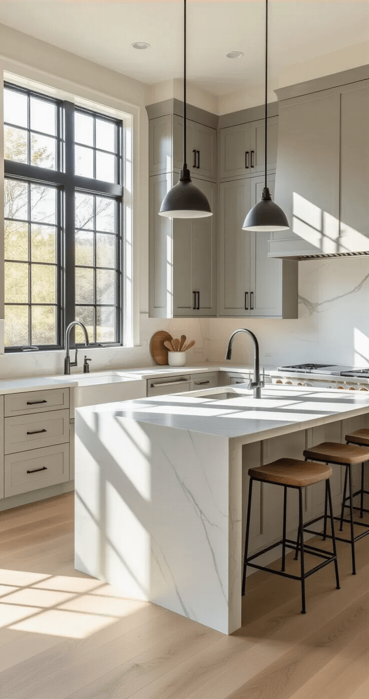 A modern kitchen with greige cabinets in Agreeable Gray, white quartz countertops, and black hardware, illuminated by morning light through large windows, featuring a marble-veined island, and natural white oak flooring.