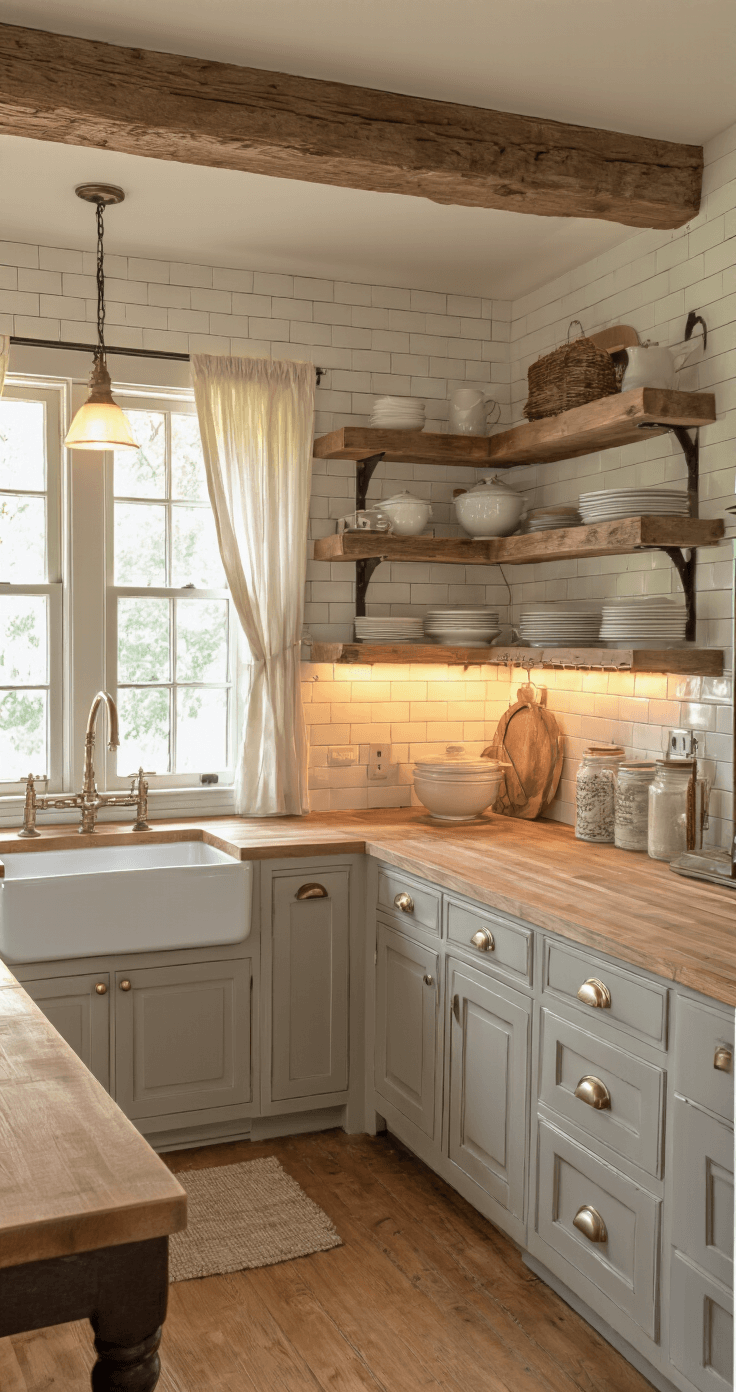 Intimate farmhouse kitchen featuring greige cabinets, reclaimed wood shelving, cream subway tile, and a farmhouse sink, illuminated by golden hour lighting through cafe curtains, with rustic butcher block counters and vintage brass pulls, creating a cozy, lived-in atmosphere.