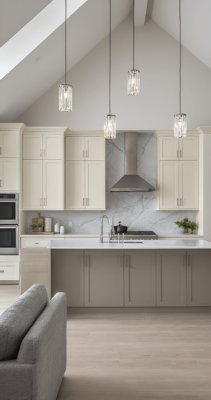 Open-concept kitchen featuring natural cream cabinets, vaulted ceilings, stainless appliances, and grey veined marble backsplash, with afternoon light highlighting the minimalist design and spacious layout.