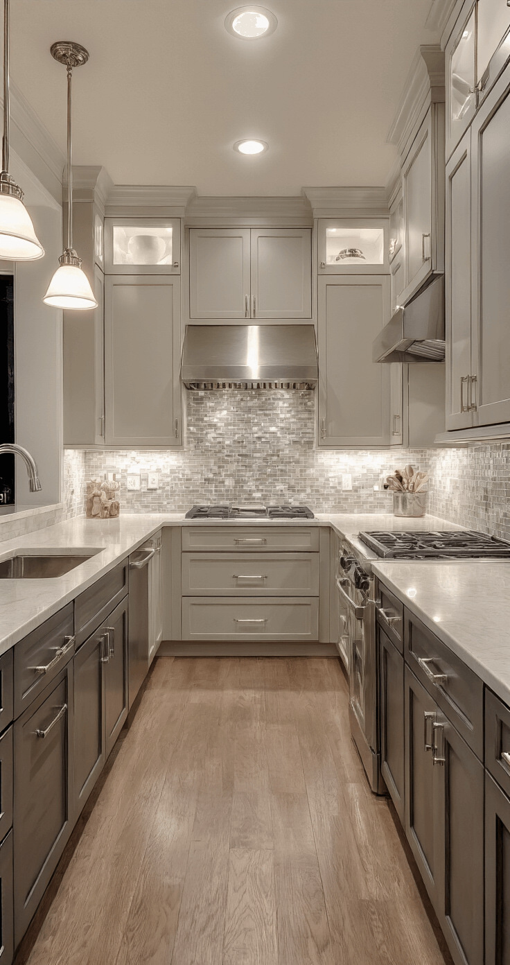 Transitional galley kitchen featuring two-tone greige cabinets in Agreeable Gray and Revere Pewter, polished nickel hardware, and a glass mosaic backsplash, illuminated by pendant fixtures and recessed lighting.