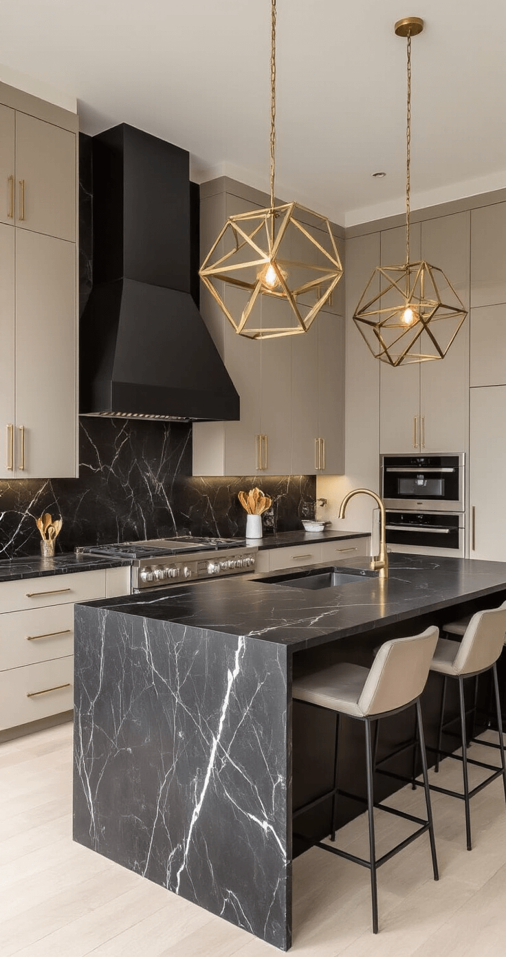 A luxurious modern kitchen featuring floor-to-ceiling greige cabinets, striking black marble countertops, and a waterfall island, illuminated by geometric brass pendant lights, all captured in a wide-angle view that highlights its intimate elegance.