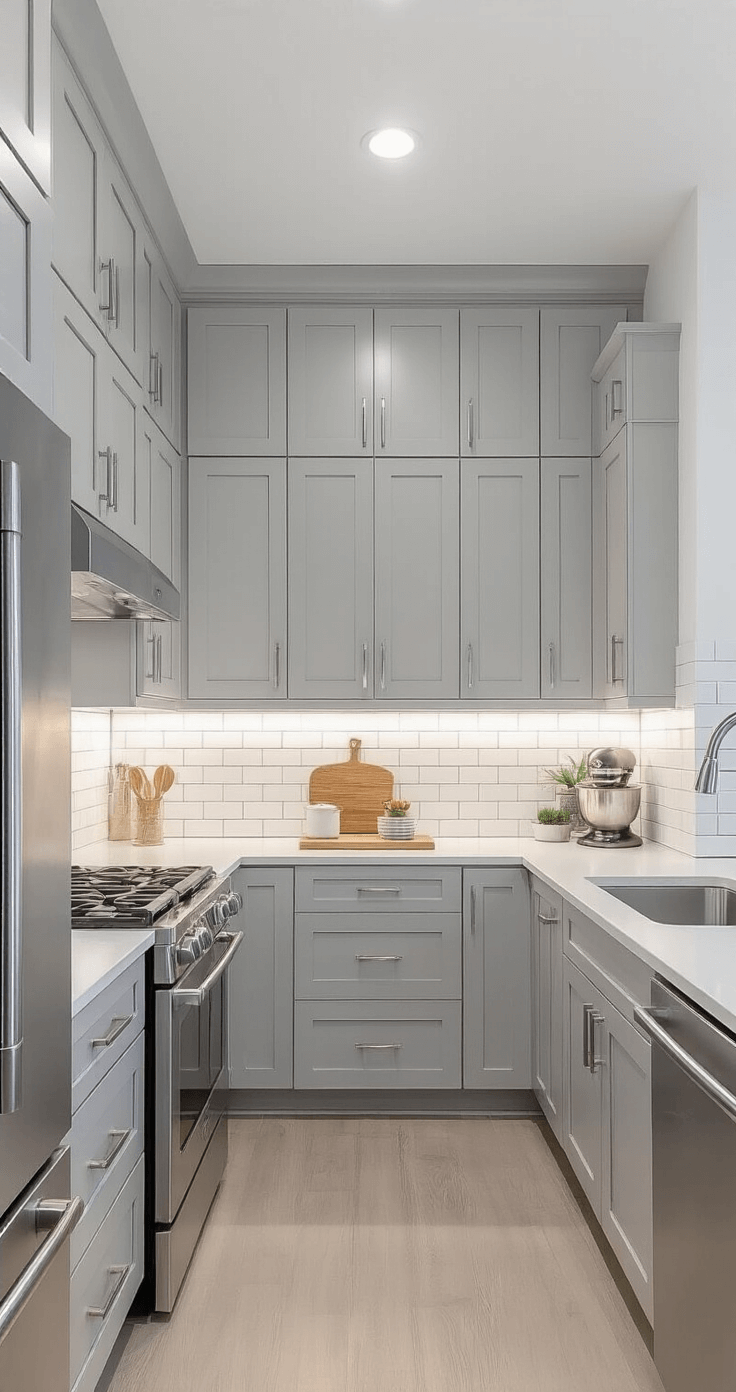 Compact urban kitchen featuring Agreeable Gray cabinets, a white subway tile backsplash, chrome hardware, and clever storage solutions, shot from the doorway with a tilt-shift effect. Natural light combined with under-cabinet LEDs gives a bright, airy atmosphere.