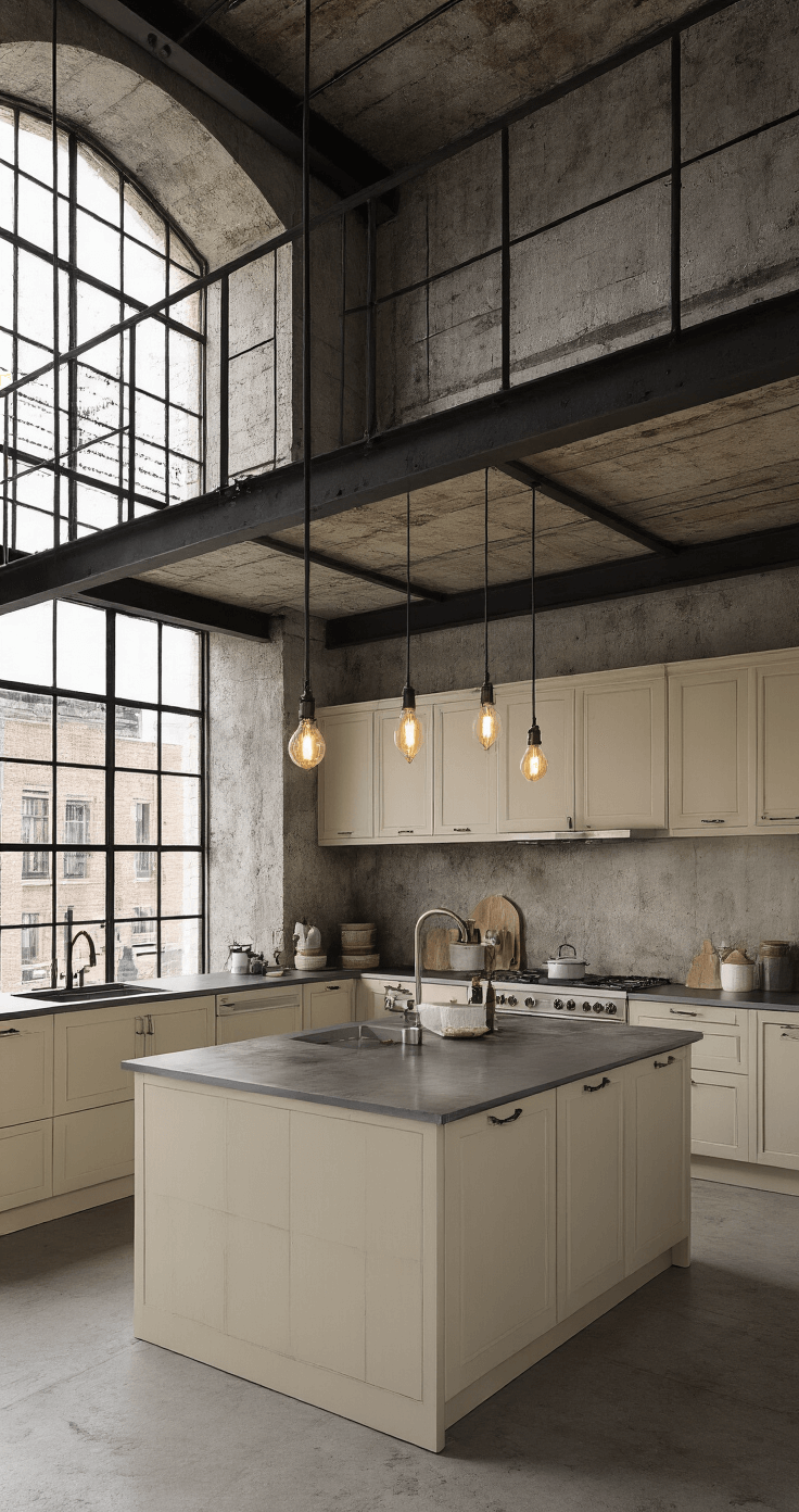 An industrial-chic loft kitchen with greige cabinets and raw concrete walls, featuring black steel beams. Edison bulb pendants illuminate zinc countertops as viewed from a mezzanine level, with moody afternoon light streaming through factory windows.