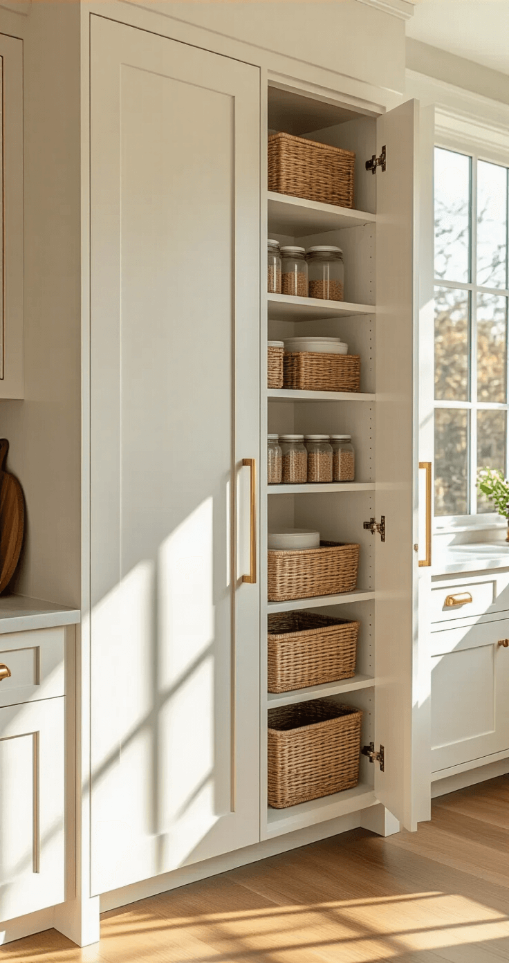 A bright modern farmhouse kitchen featuring a tall white shaker-style pantry cabinet with brass hardware, sunlight illuminating organized shelves with baskets and jars, set against natural oak flooring.