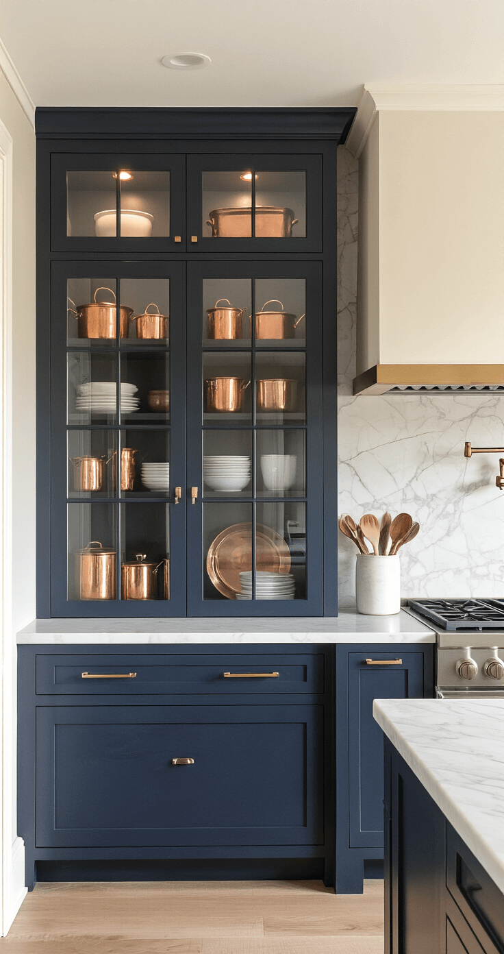 Elegant kitchen corner featuring a custom built-in pantry with glass-front upper cabinets, illuminated by recessed LED lighting. The golden hour light casts shadows over navy lower cabinets, antiqued mirror backing, and marble countertops, highlighting a collection of copper cookware and artisanal ceramics.