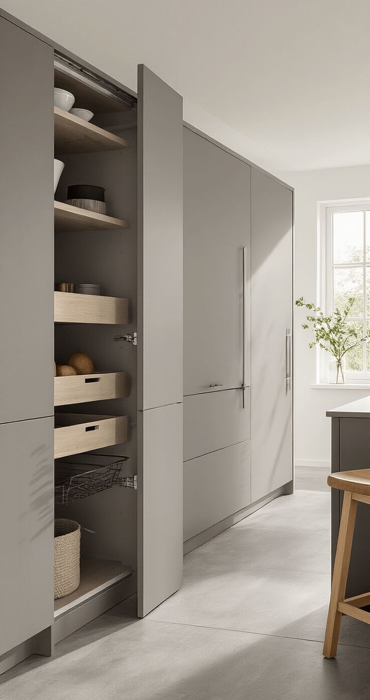 Modern minimalist kitchen with a handle-less pantry wall system, showcasing clean lines and matte surfaces, illuminated by cool morning light. The design includes pull-out drawers, adjustable shelving, and unique storage solutions, set against engineered wood in greige, brushed steel accents, and concrete flooring. Captured from a 45-degree angle, embodying contemporary Scandinavian style with warm grey, white, and black accents.