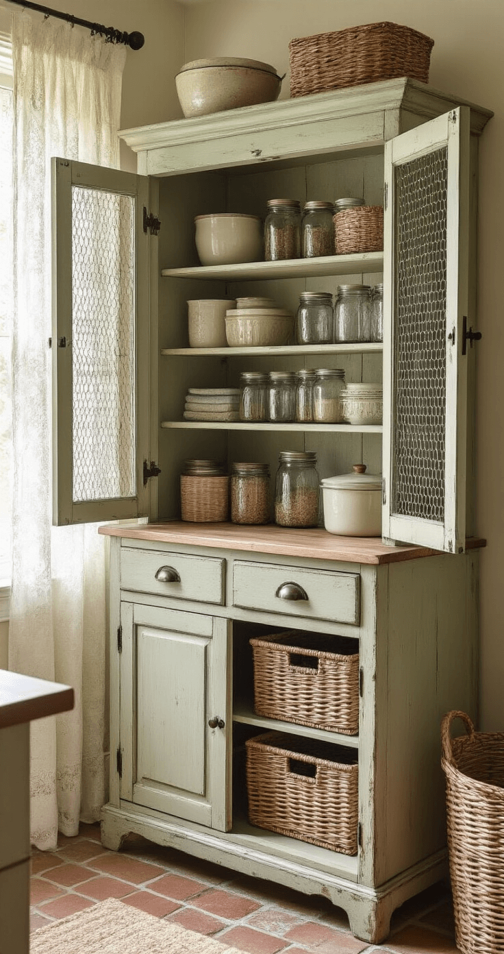 A cozy French country kitchen nook featuring a vintage freestanding pantry cabinet with chicken wire inserts and a distressed finish, filled with mason jars and enamelware. Soft late morning light filters through lace curtains, casting gentle shadows on the brick floor.