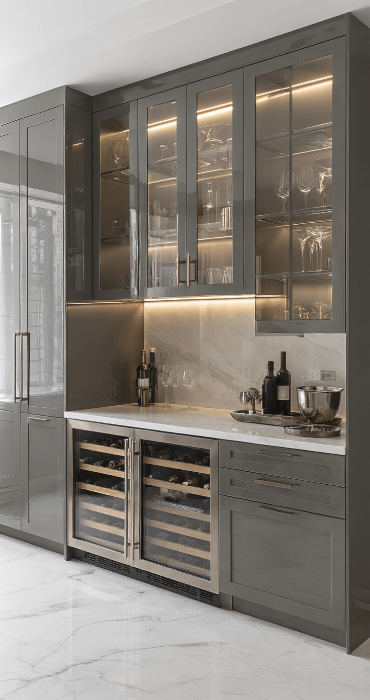 Luxury kitchen with a modern butler's pantry featuring high-gloss charcoal grey cabinets, dramatic evening LED lighting, wine storage, and marble flooring, captured in a wide-angle view.