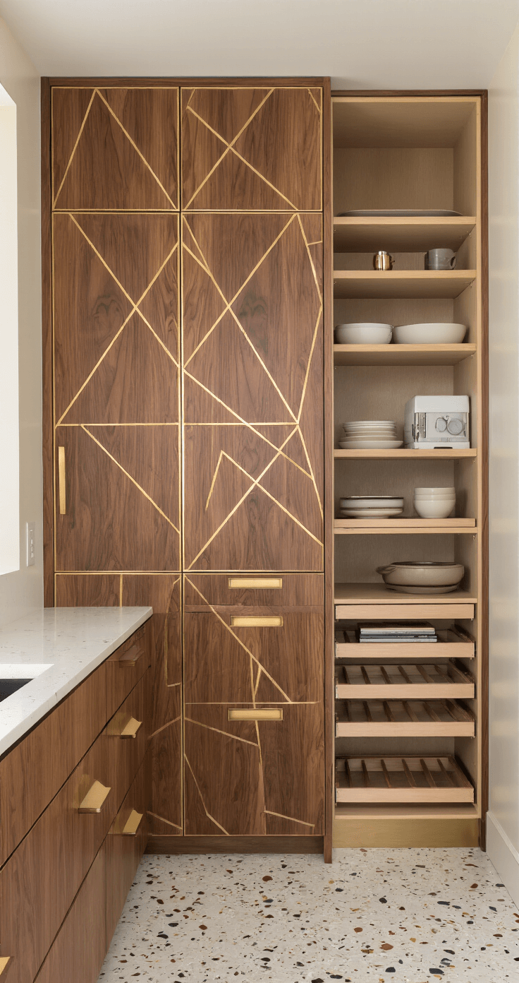 A mid-century modern kitchen showcasing a tall walnut veneer pantry unit with geometric patterns, illuminated by natural daylight. The space features adjustable shelving, specialized storage for small appliances, brass inlays, and terrazzo flooring, blending rich walnut, cream, and pastel hues.
