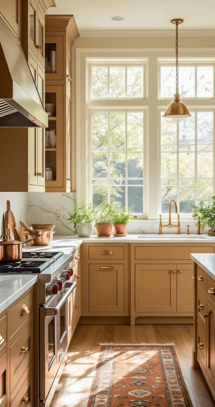 A spacious kitchen featuring honey-gold Shaker cabinets and white marble countertops, illuminated by morning light through east-facing windows. The scene includes a large center island, copper cookware on open shelving, fresh herbs in terracotta pots, and a vintage runner, highlighting a warm earth tone color palette.