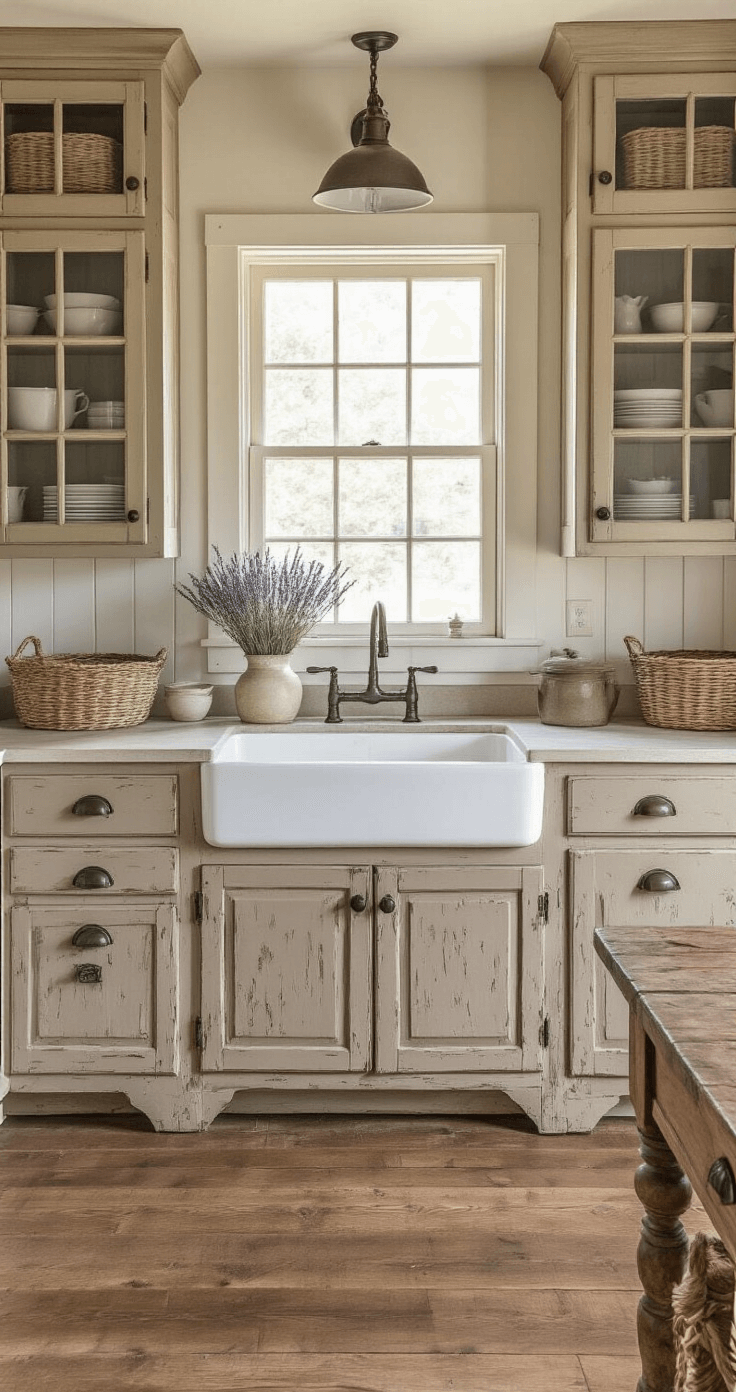 A rustic farmhouse kitchen featuring taupe-brown distressed cabinets, glass-front upper units, and a vintage farmhouse sink, all captured in soft afternoon light. An elevated view showcases a weathered wood island with turned legs, complemented by woven baskets, ironstone crockery, and dried lavender. The design incorporates aged wood, vintage glass, and oil-rubbed bronze hardware in a color palette of taupe, cream, aged bronze, with lavender and faded blue accents.