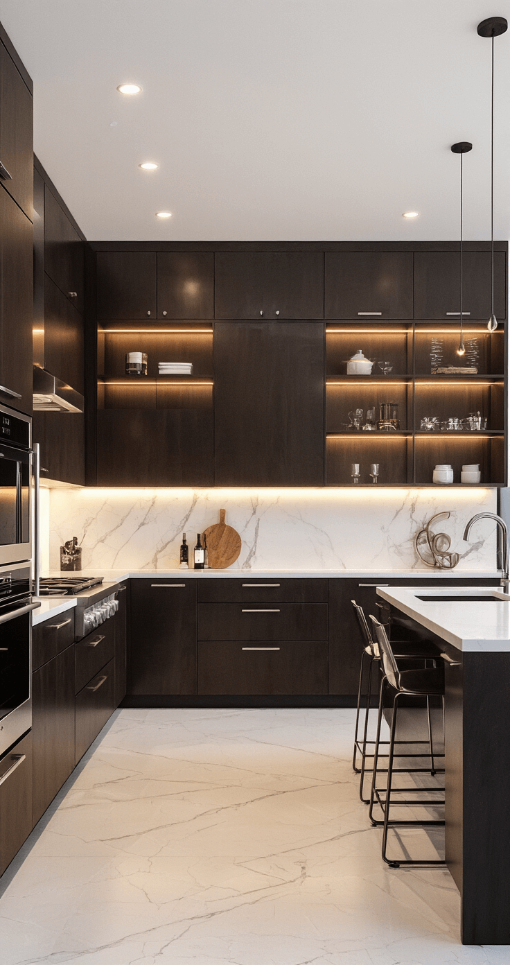 A wide-angle view of a contemporary open-plan kitchen at twilight, featuring espresso-stained flat-panel cabinets, white quartz waterfall counters, under-cabinet lighting, and minimalist decor, including floating glass shelves and bar stools.