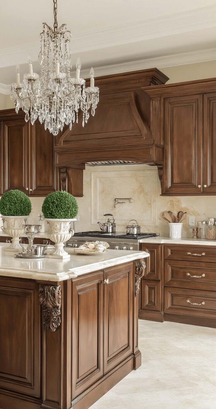 Elegant traditional kitchen featuring medium-brown raised-panel cabinets with carved details and Calacatta gold marble surfaces, illuminated by morning sunlight. The crystal chandelier casts light over the island, and decorative elements include a silver tea service and classical topiaries. The room's warm brown and creamy marble tones are accented with sage and ivory, enhancing the sophisticated ambiance.