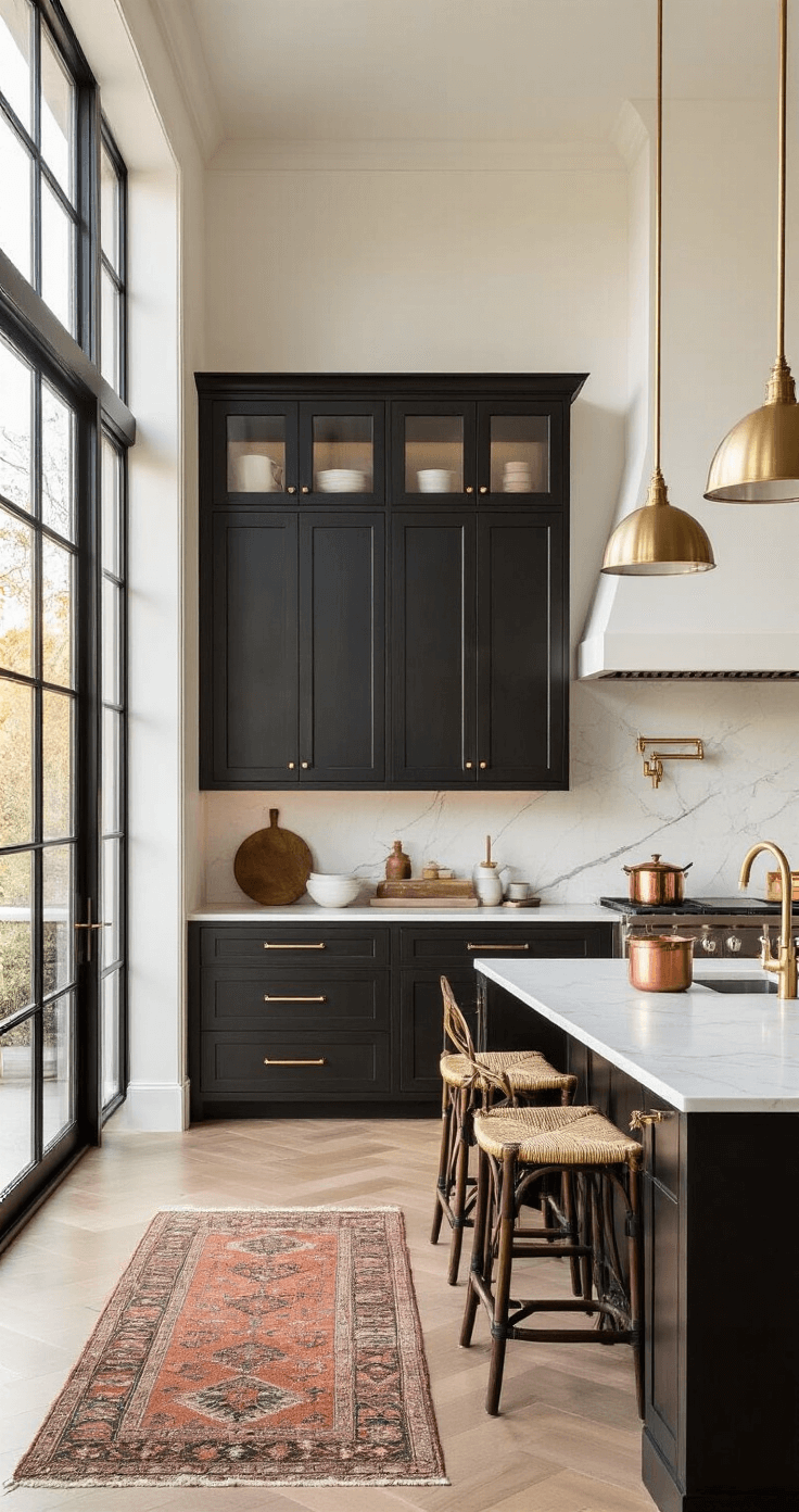 A contemporary kitchen with deep espresso-stained cabinets, brass hardware, and white marble countertops, illuminated by golden hour light streaming through floor-to-ceiling windows. The island features waterfall edges and minimalist brass pendant lights, while open shelving showcases artisanal ceramics. Woven bar stools and a vintage Persian runner add texture, all captured from a corner angle to emphasize cabinetry details.