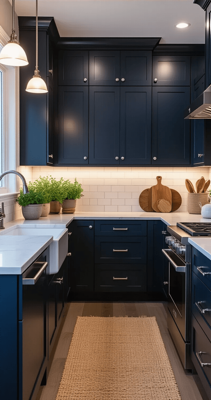 Intimate galley kitchen at dusk featuring midnight navy cabinets and ambient under-cabinet lighting illuminating light gray quartz countertops, accented with polished nickel hardware and a white subway tile backsplash. Styled with potted herbs, artisanal cutting boards, a jute rug, and wooden accessories, the cozy atmosphere is enhanced by multiple light sources.