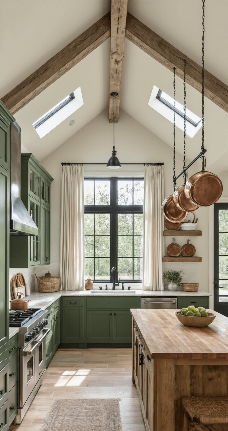 A modern farmhouse kitchen featuring forest green cabinets, a butcher block island, and cream granite counters, illuminated by morning light streaming through skylights. Exposed beams and vintage copper pots enhance the rustic elegance, complemented by textural elements like glazed pottery and woven baskets. The image is captured from an elevated position, showcasing the architectural details with balanced natural and artificial lighting.