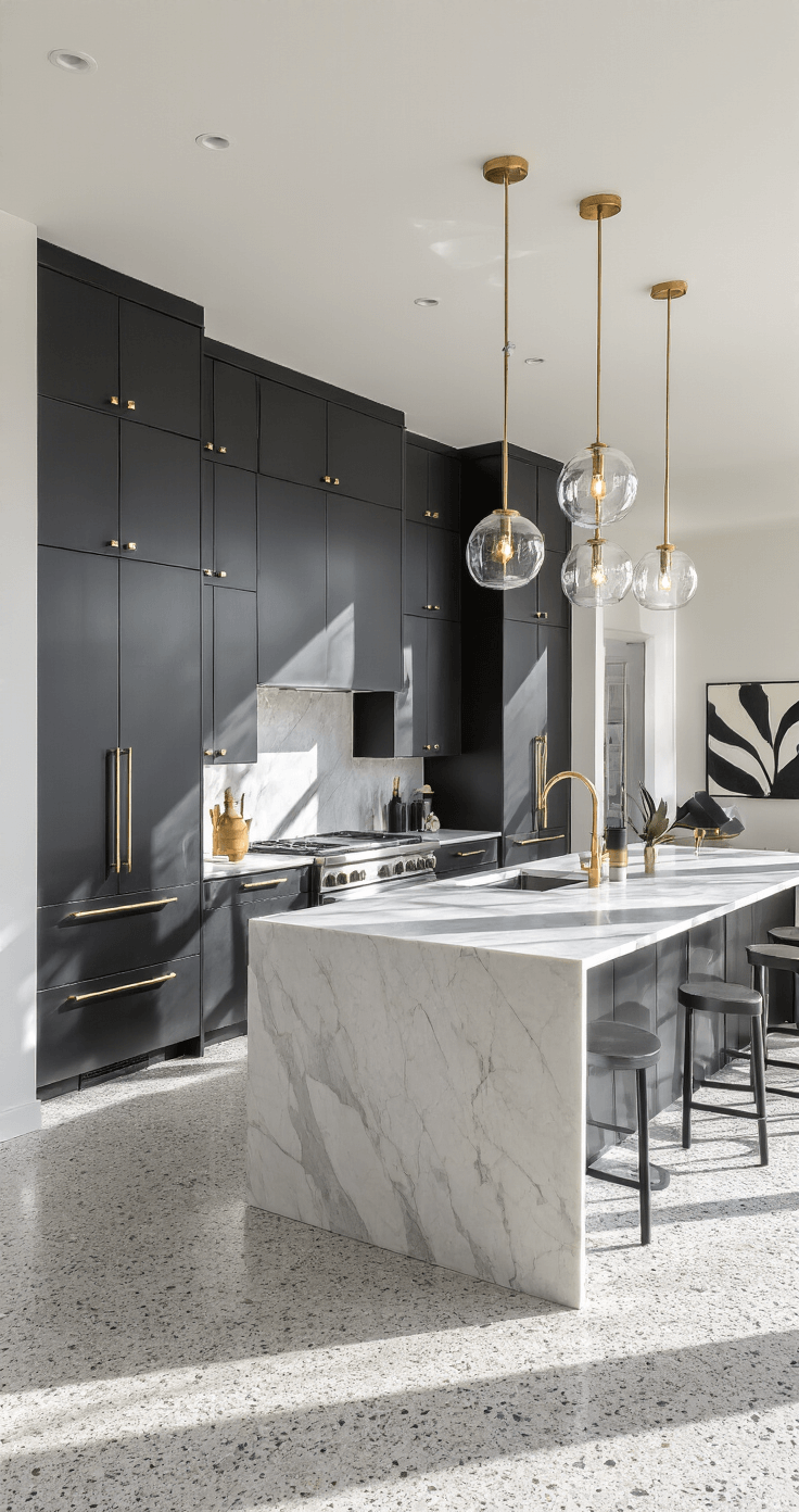 Contemporary open-concept kitchen with floor-to-ceiling charcoal cabinets, a white marble waterfall island illuminated by dawn light, and brushed gold fixtures, featuring minimal decor and terrazzo flooring, viewed from the living area.