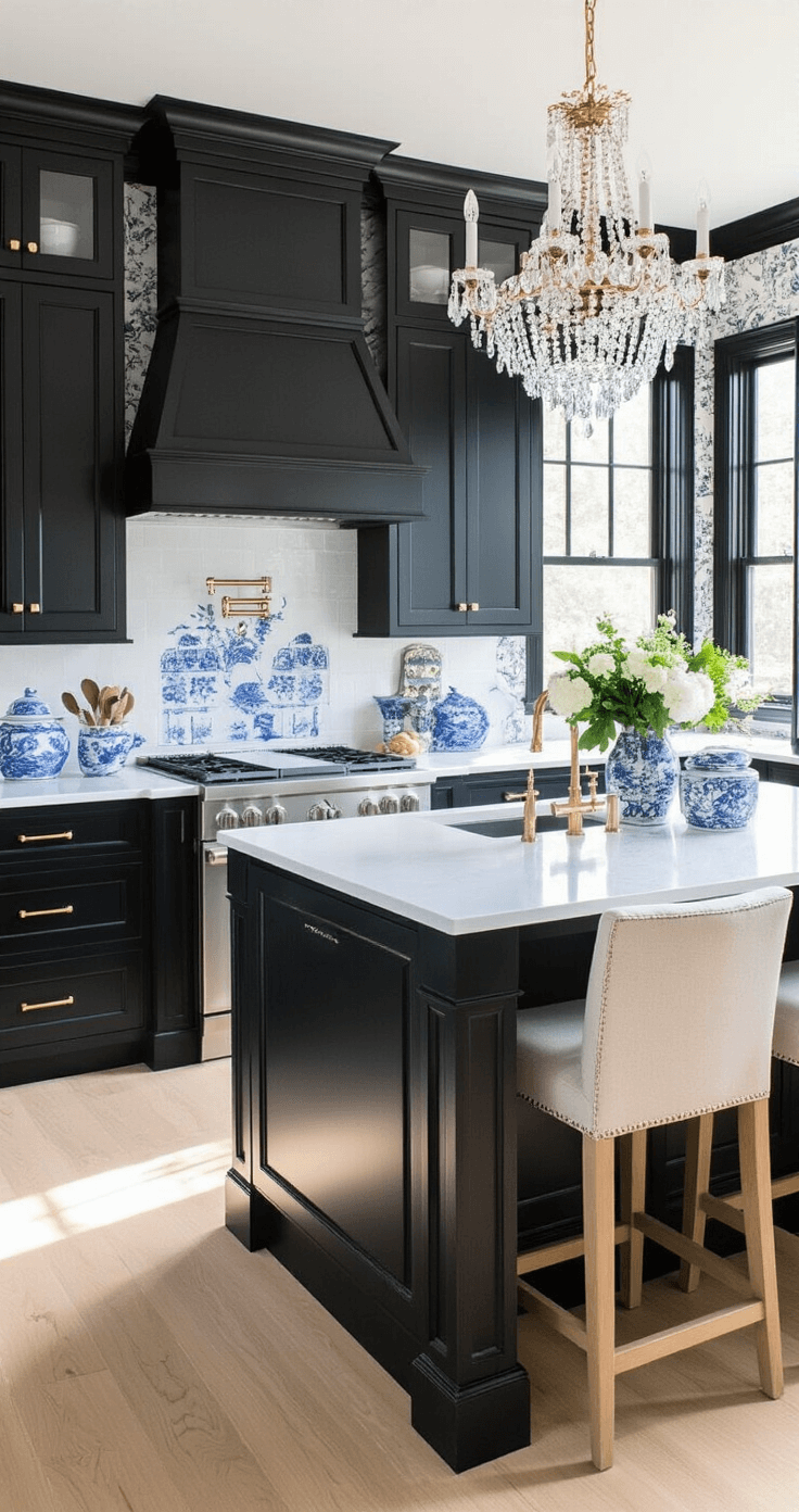 Transitional L-shaped kitchen featuring black-painted cabinets and quartz countertops, illuminated by afternoon sun highlighting brass hardware. A crystal chandelier hangs over the island, while white oak flooring adds warmth. Decorated with blue-and-white chinoiserie, fresh flowers, and silver accessories, alongside a textural grasscloth wallpaper on the accent wall. The eye-level shot emphasizes horizontal lines and side lighting enhances cabinet profiles.