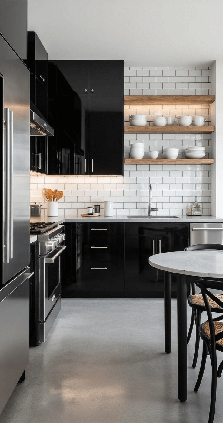Compact urban kitchen featuring glossy black cabinets, stainless steel appliances, and concrete countertops, illuminated by late afternoon light with open shelving displaying minimalist white dinnerware. A small bistro table with vintage chairs enhances the metropolitan chic atmosphere.