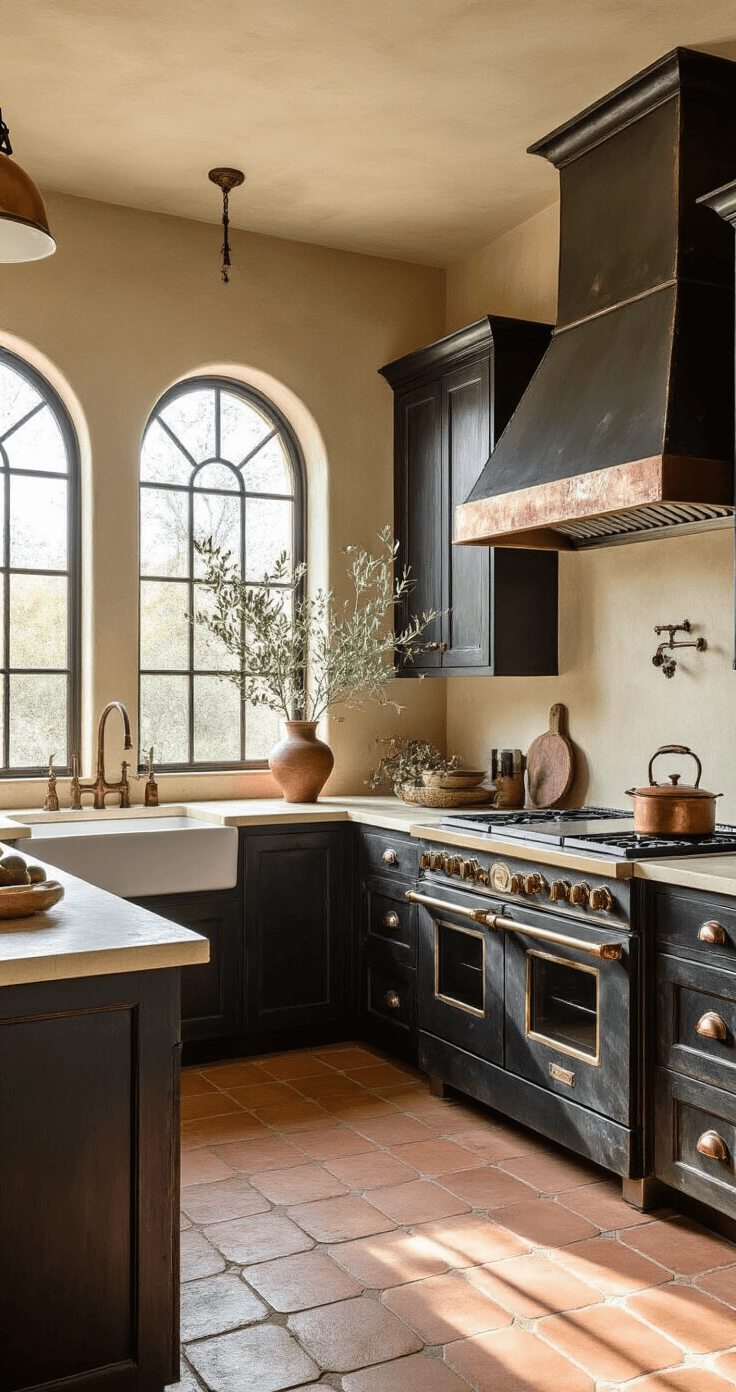 A Mediterranean-inspired kitchen featuring distressed black cabinets and terra cotta floors, illuminated by golden hour light through arched windows. Cream limestone counters with ogee edges complement copper hardware and a patina range hood. Styled with olive branches, earthenware, and vintage oil bottles, textured plaster walls enhance the depth, captured from a corner with a blend of natural and warm artificial lighting, evoking Old World romance.
