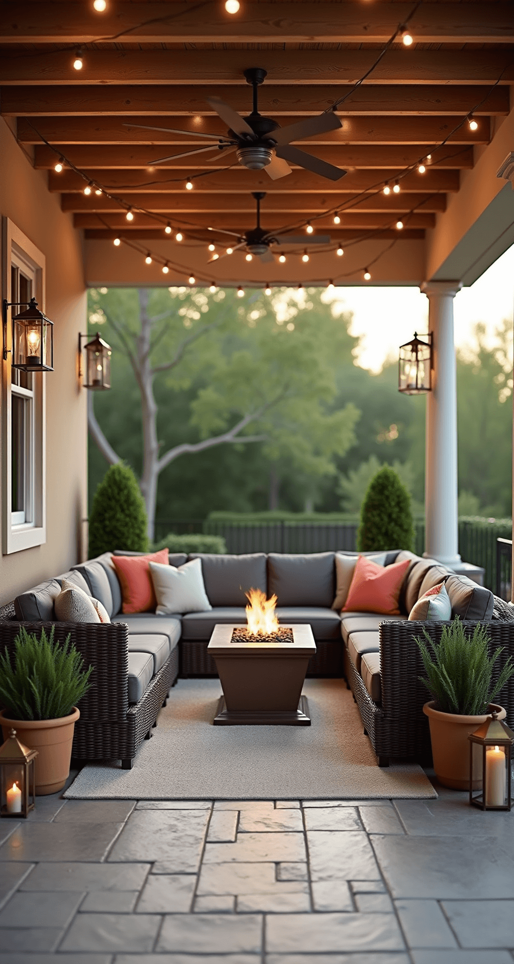 Spacious covered patio at golden hour featuring a wicker conversation set with charcoal cushions, bronze fire pit, teak wood ceiling with exposed beams, cascading string lights, layered ivory and sage green rugs, potted palms in copper planters, and vintage-style lanterns, all creating an intimate atmosphere with soft bokeh effect in the background.