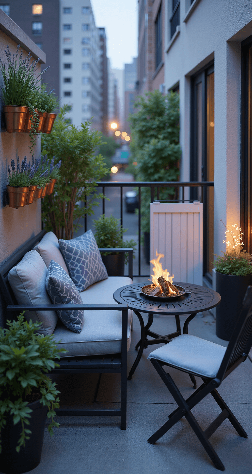 Intimate urban balcony at morning blue hour featuring a sleek matte black bistro set with dusty blue geometric cushions, a wall-mounted herb garden in copper pots, slim railing planters filled with lavender and ivy, a compact gas tabletop firepit, a whitewashed wood folding privacy screen, and fairy lights woven through the railing, with a cityscape bokeh in the background.