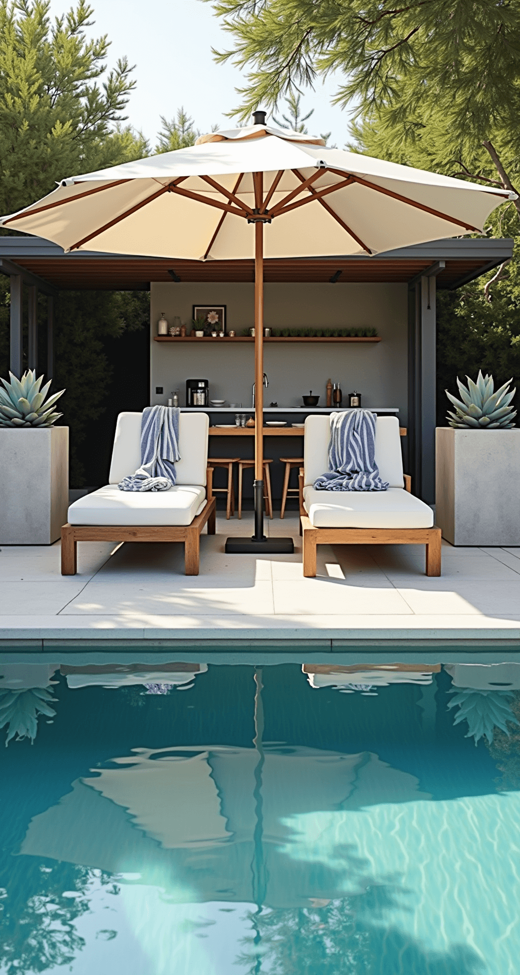 An expansive poolside lounge area featuring contemporary teak chaise lounges with white cushions, a large cream market umbrella casting dappled shade, and modern planters with succulents. Oversized blue and white striped towels are draped casually, while clear turquoise water reflects light. A sleek outdoor kitchen is visible in the background, emphasizing a clean, resort-like atmosphere.