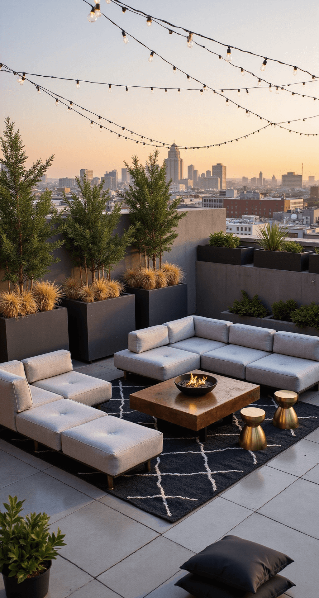 A modern rooftop terrace at sunset featuring a light gray sectional surrounding a corten steel fire table, minimalist concrete planters with ornamental grasses, industrial-style string lights, a charcoal outdoor rug, brass accent tables, and matte black floor cushions, with a city skyline in the background.