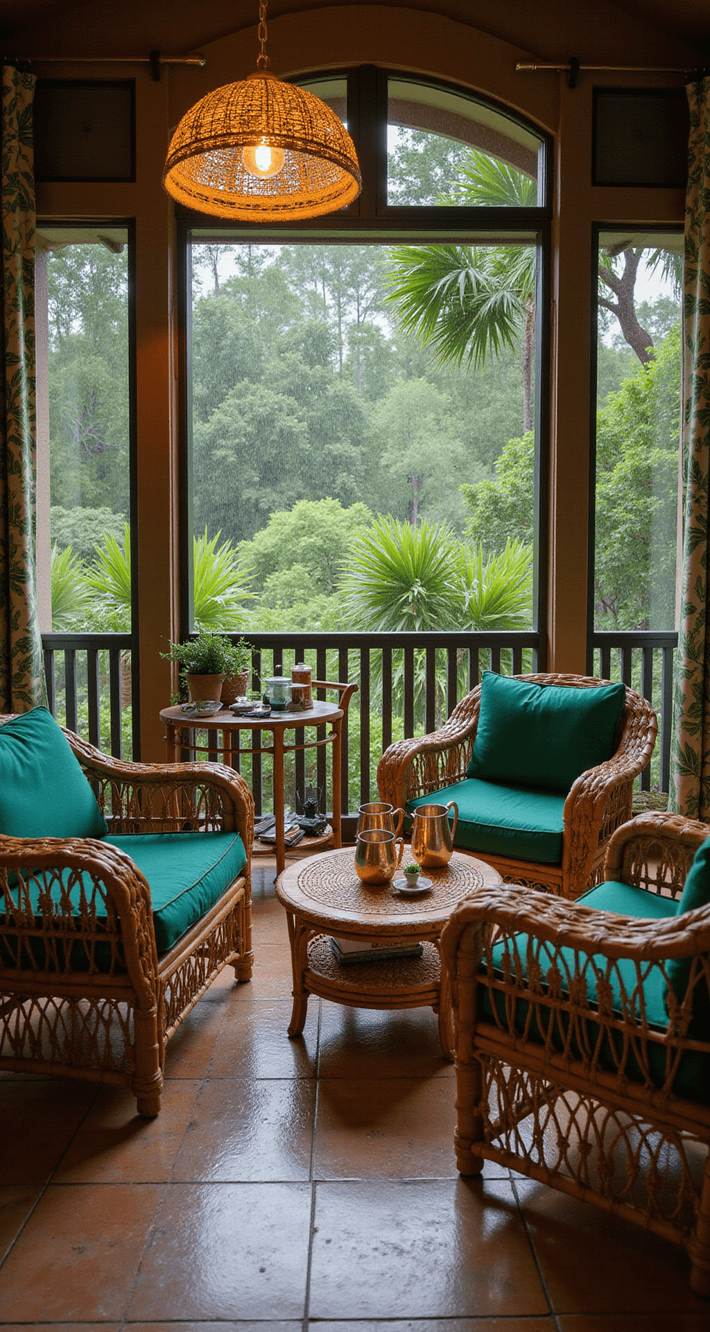 A tropical lanai featuring natural rattan peacock chairs with emerald green cushions, a carved wooden coffee table, and a vintage bamboo bar cart with copper mugs, framed by palm leaf print curtains and a verdant garden view, all under a rain shower with dramatic pendant lighting and patina terracotta tiles.