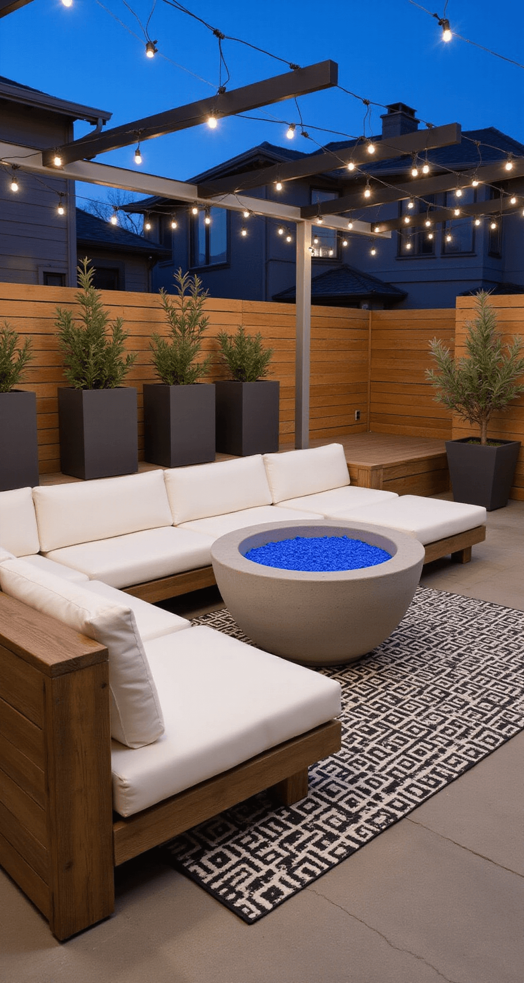Contemporary deck at twilight featuring mixed material sectional with weathered teak and aluminum, oversized concrete fire bowl with blue glass, modern metal pergola with string lights, black and white outdoor rug, potted olive trees in matte black planters, and built-in bench seating with hidden storage.