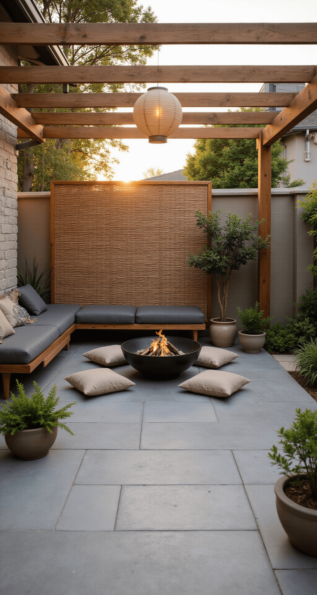 A spacious 20x15ft patio at golden hour features smooth light-grey stone flooring, a cedar wood pergola, and a low-profile L-shaped wooden bench with charcoal cushions. In the center is a black cast-iron fire pit surrounded by oatmeal linen floor cushions. Bamboo screens filter warm light, accompanied by potted ferns and a bonsai, with natural materials like teak and textured ceramics in earth tones. Soft lighting from paper lanterns casts gentle shadows, emphasizing the interplay of golden light and organic textures.