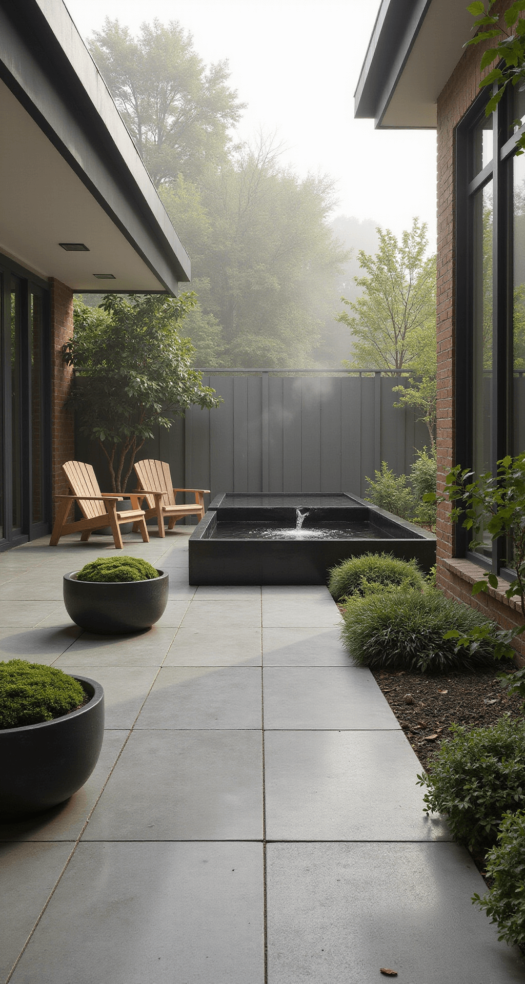Early morning patio scene with mist and soft light, featuring a black granite water basin, Scandinavian-inspired bleached oak chairs, matte black side tables, and moss gardens in concrete planters; color palette of sage green and warm greys, captured with a wide angle lens in soft focus for an ethereal atmosphere.