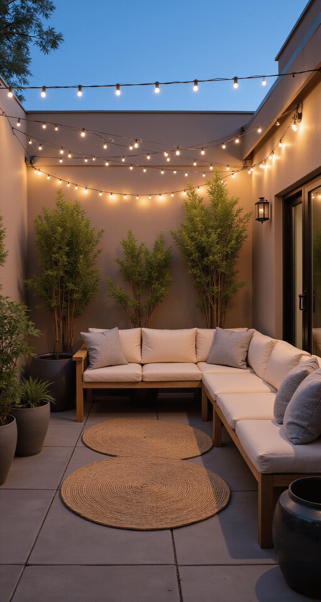 An intimate evening patio corner featuring a built-in modular teak bench with cream cushions, minimalist string lights overhead, handwoven jute rugs, and varying heights of ceramic planters with bamboo, captured from a 45-degree elevated angle during blue hour, showcasing warm sand, misty grey, and deep charcoal colors.