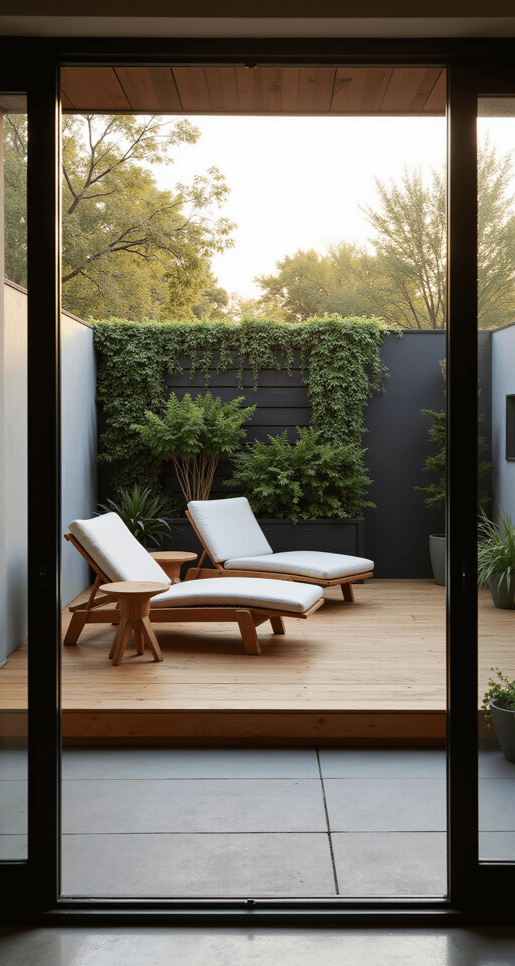 A warm sunset casts light on a serene 18x14ft patio sanctuary seen through sliding glass doors, featuring a low wooden platform deck, modern Scandinavian loungers in pale oak, Japanese-inspired side tables, and a vertical garden wall of ferns and climbing vines, all highlighted by smooth cedar, brushed concrete, and matte black metal accents.