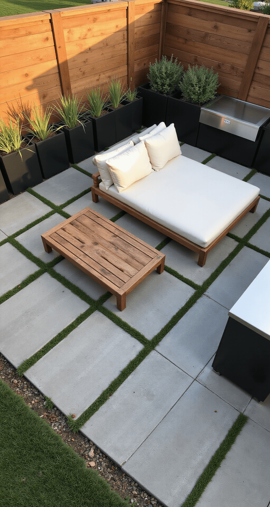 A bird's eye view of a 16x16ft corner patio during golden hour, featuring geometric concrete pavers with moss accents, a custom wooden daybed with ivory cushions, black metal planters with architectural grasses, and a sleek brushed steel outdoor kitchen unit, highlighted by warm greys, natural woods, and subtle green tones.