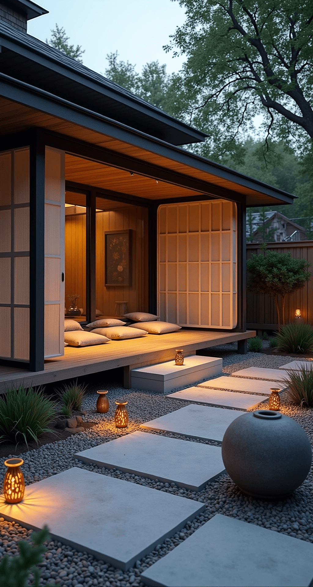 A serene dusk-lit meditation patio featuring smooth pebble flooring, a raised wooden platform with natural linen cushions, Shoji-inspired screens, a traditional stone lantern, and a minimalist water bowl, all illuminated by soft copper path lights.