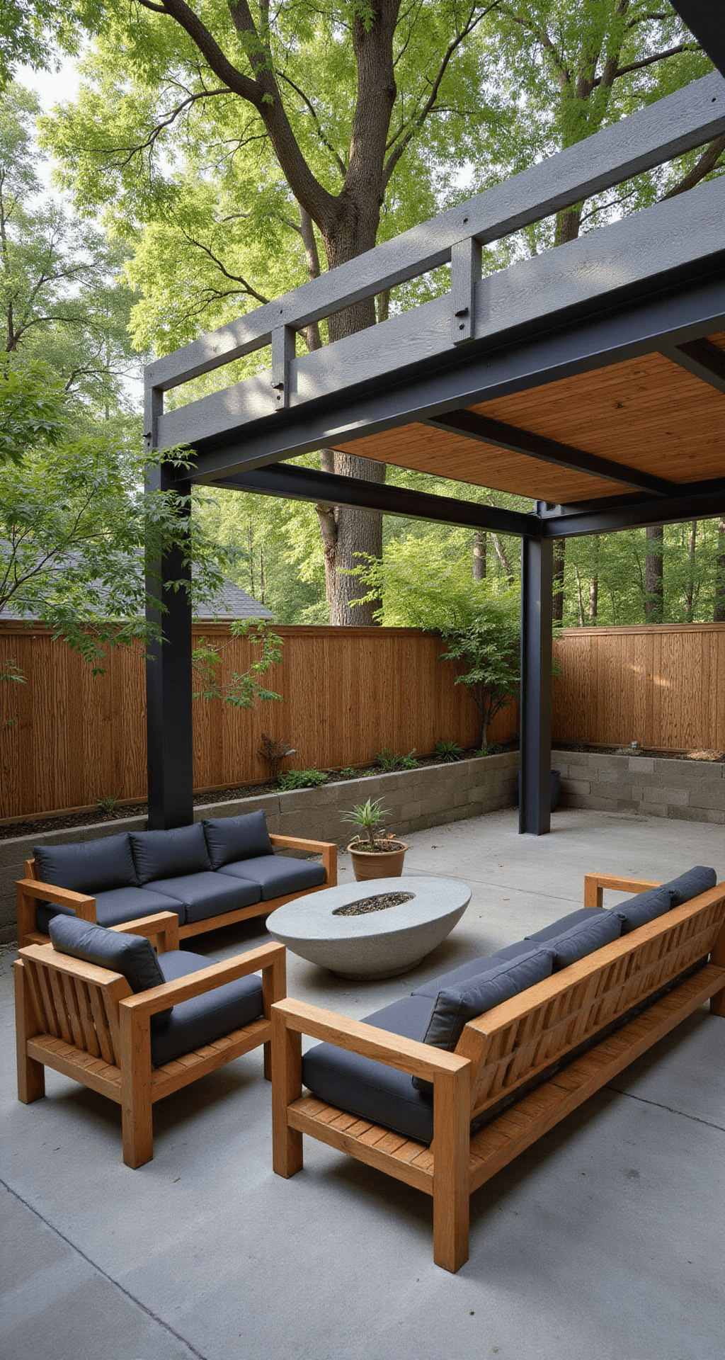 Mid-afternoon view of a 22x18ft patio from a corner angle featuring modular teak seating with charcoal cushions around a sculptural fire table, under a steel and bamboo structure that casts dappled shade, with potted Japanese maples and a blend of brushed concrete, warm wood, and blackened steel accents; natural light creates dynamic shadow patterns.