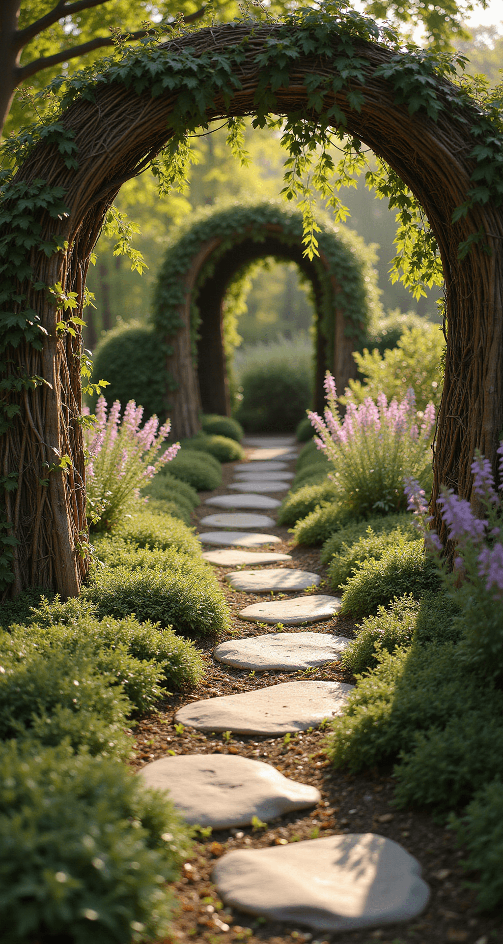 A whimsical garden path with winding stone steps surrounded by purple and yellow wildflowers, framed by a wooden archway covered in jasmine, under a willow tunnel, illuminated by golden afternoon sunlight and featuring dew drops glistening on leaves.