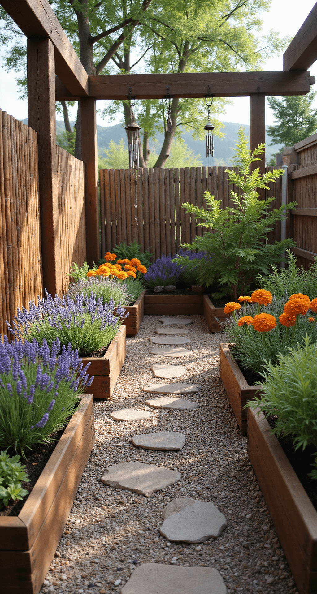 Early morning light casts a warm glow over a 12x12ft sensory garden corner, featuring raised cedar planters filled with silver lamb’s ear, purple lavender, and vibrant orange marigolds, with wind chimes hanging from a rustic pergola. A textured pathway of smooth river rocks and rough bark chips leads through the space, bordered by aromatic mint and rosemary, while natural bamboo screening serves as a backdrop, highlighting the garden's sensory experience and textural contrasts.