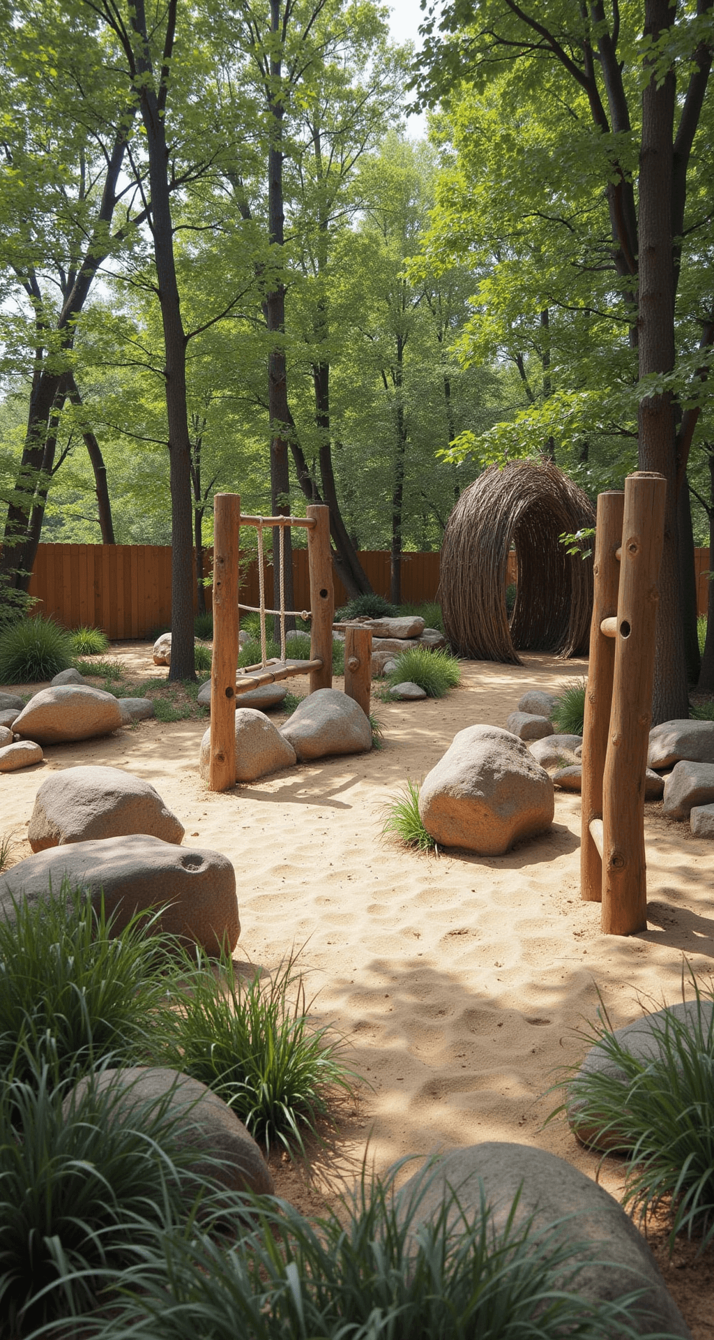 Wide-angle view of a 25x30ft nature play area featuring a custom log climbing structure with rope bridges, boulder formations for climbing, a 6ft willow tunnel leading to a mud kitchen under apple trees, and a sandy play space with native grasses, all in an earth-tone color palette with vibrant green foliage.